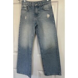 Zara Girls Mid-Rise Rhinestone Wide Leg Denim Baggy Jeans Light Wash Ripped "10"